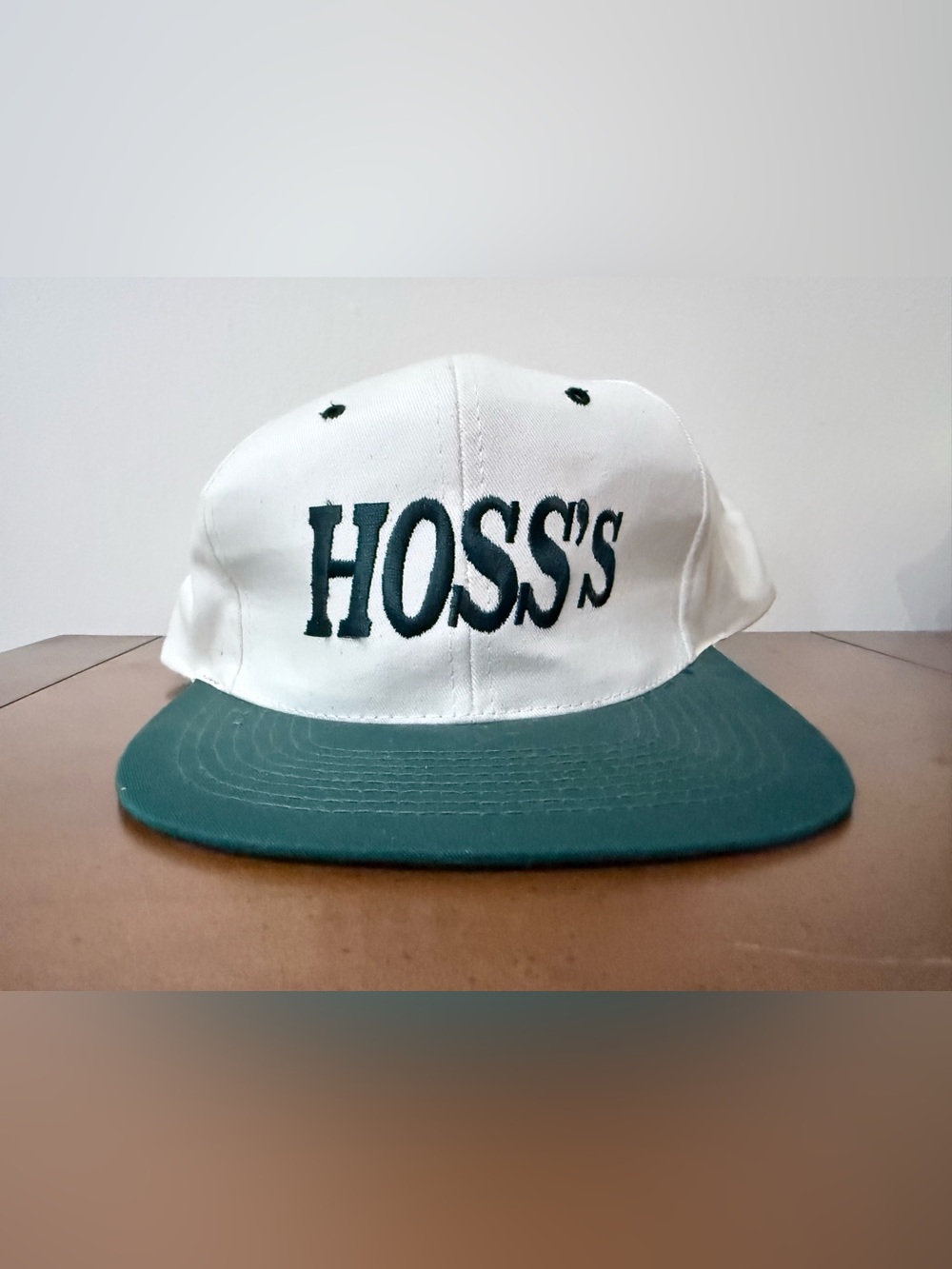 Vintage 80s 90s Hoss’s Embroidered Spell Out SnapBack Hat Cap Canvas Green Beige